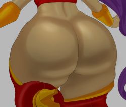 Rule 34 | 1girl, ass, ass focus, back, bracer, clothes pull, colorized, dark-skinned female, dark skin, demimond23, gonzalocosta888, grey background, high heels, huge ass, long hair, no panties, pants, pants pull, purple hair, shantae, shantae (series), solo, tan, thick thighs, thighs, third-party edit, wide hips