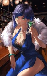 Rule 34 | 1girl, :d, absurdres, blue dress, blue hair, bracelet, breasts, cleavage, commission, dress, gem, genshin impact, glass, green eyes, green gemstone, highres, holding, indoors, jewelry, large breasts, looking at viewer, nail polish, necklace, open mouth, purple nails, short hair, side slit, sitting, skeb commission, sleeveless, sleeveless dress, smile, solo, una kamra, yelan (genshin impact)