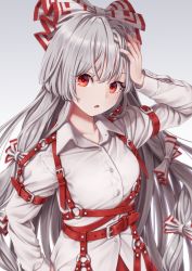 Rule 34 | 1girl, arm up, belt, bow, breasts, collarbone, commentary request, fujiwara no mokou, grey background, hair bow, hand on own head, highres, long hair, long sleeves, looking at viewer, o-ring, pants, parted lips, red belt, red eyes, red pants, shirt, silver hair, simple background, small breasts, solo, suspenders, torinari (dtvisu), touhou, upper body, very long hair, white bow, white shirt, wing collar