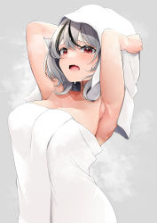 Rule 34 | 1girl, absurdres, armpits, arms up, bare arms, black hair, blush, breasts, cleavage, drying, drying hair, fang, grey background, highres, hololive, large breasts, looking at viewer, minato yu, multicolored hair, naked towel, open mouth, red eyes, sakamata chloe, silver hair, simple background, skin fang, solo, streaked hair, tearing up, tears, towel, two-tone hair, upper body, virtual youtuber, water drop, wet, wet hair