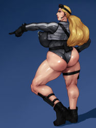 Rule 34 | 1girl, alternate costume, alternate hairstyle, ass, belt pouch, black gloves, blonde hair, blue eyes, breasts, capcom, gloves, goggles, goggles on head, grey vest, gun, headset, holster, huge ass, huge breasts, kolin, leotard, lips, long sleeves, muscular, muscular female, nipples, open clothes, open vest, pouch, rampage (leedash2), skin tight, street fighter, street fighter v, thick thighs, thigh holster, thighs, unzipped, vest, weapon, wide hips
