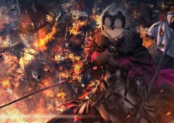 Rule 34 | 1girl, ahoge, armor, armored dress, banner, black armor, black cape, black dress, black thighhighs, breasts, building, burning, burning building, cape, chain, city, commentary request, destruction, dragon, dress, fate/grand order, fate (series), fire, fur-trimmed cape, fur collar, fur trim, gauntlets, gloves, hair between eyes, headpiece, holding, holding sword, holding weapon, jeanne d&#039;arc (fate), jeanne d&#039;arc alter (avenger) (fate), jeanne d&#039;arc alter (fate), junpaku karen, large breasts, long sleeves, outdoors, parted lips, short hair, silver hair, smile, smoke, solo, standing, sword, thighhighs, weapon, yellow eyes