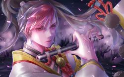 Rule 34 | 1boy, asymmetrical bangs, black hair, closed mouth, collar, dark background, flute, high ponytail, highres, holding, holding flute, holding instrument, instrument, japanese clothes, looking at viewer, male focus, minamoto no hiromasa, multicolored hair, onmyoji, red eyes, red hair, solo, tree, two-tone hair, user exvv8824