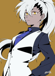 Rule 34 | 1girl, absurdres, asymmetrical bangs, black shirt, blue archive, blue necktie, closed mouth, collared shirt, dark-skinned female, dark skin, earrings, haine (blue archive), hair between eyes, higashimura michael, highres, jewelry, long hair, long sleeves, looking at viewer, necktie, ponytail, shirt, signature, simple background, solo, upper body, vest, white hair, white vest, yellow background, yellow eyes