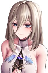 Rule 34 | 1girl, absurdres, aponia (honkai impact), bare shoulders, blue eyes, blush, breasts, brown hair, cleavage, collarbone, commentary request, covered collarbone, hair between eyes, hand up, highres, honkai (series), honkai impact 3rd, large breasts, long hair, mole, mole under eye, pyeong-il pyeongil, see-through, see-through cleavage, shirt, simple background, sleeveless, sleeveless shirt, solo, upper body, white background, white shirt