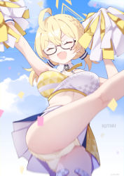 Rule 34 | 1girl, ahoge, blonde hair, blue archive, blush, braid, breasts, cheerleader, closed eyes, confetti, glasses, halo, highres, holding, kotori (blue archive), kotori (cheer squad) (blue archive), large breasts, looking at viewer, low twintails, millennium cheerleader outfit (blue archive), mishima hiroji, open mouth, panties, pantyshot, pom pom (cheerleading), semi-rimless eyewear, short hair, skirt, sky, solo, twintails, underwear, yellow panties