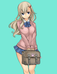 Rule 34 | 1girl, blonde hair, blue bow, blue eyes, blue skirt, bow, breasts, dmayaichi, earrings, eden&#039;s zero, hair ornament, hairclip, holding suitcase, jewelry, large breasts, long sleeves, looking at viewer, mashima hiro, miniskirt, pleated skirt, rebecca bluegarden, school uniform, simple background, skirt, smile, solo, standing, sweater
