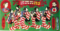 Rule 34 | 1boy, 6+girls, american flag, american flag dress, american flag kimono, american flag print, beard, brown hair, chikanobu yoshu, facial hair, fine art parody, geisha, green background, hair bun, hand fan, highres, japanese clothes, japanese flag, japanese text, julia dent grant, kimono, multiple girls, nihonga, paper fan, parody, politician, politics, print kimono, traditional media, ulysses s. grant, united states