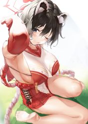Rule 34 | 1girl, absurdres, animal ear fluff, animal ears, armpits, arms up, barefoot, black hair, blue archive, blush, breasts, closed mouth, commentary request, dress, gloves, halo, highres, large breasts, legs, looking at viewer, looking up, miniskirt, mugika, one eye closed, red dress, red gloves, revision, short hair, sideboob, sitting, skirt, soles, solo, thighs, tsubaki (blue archive), two-tone shirt