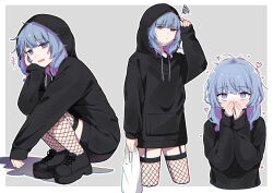 bag black_footwear black_hoodie blue_eyes blue_hair blush border colored_inner_hair covering_own_mouth cowboy_shot disappointed fishnet_thighhighs fishnets full_body grey_background hand_on_own_face hatsune_miku heart heart-shaped_pupils highres holding holding_bag hood hood_down hood_up hoodie looking_at_viewer multicolored_hair multiple_views pink_hair rabbit_hole_(vocaloid) sato_(r017xts117) shadow shoes smug symbol-shaped_pupils thighhighs upper_body vocaloid white_border