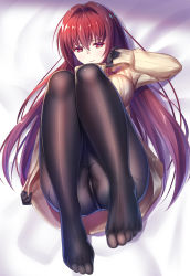Rule 34 | 1girl, alternate costume, arm at side, bed sheet, black gloves, black pantyhose, blush, breasts, closed mouth, colored eyelashes, crotch zipper, dress, fate/grand order, fate (series), feet, from above, frown, full body, gloves, hair intakes, iro ame (amewaagada), legs together, legs up, long hair, long sleeves, looking at viewer, lying, medium breasts, no shoes, on back, pantyhose, red eyes, red hair, scathach (fate), sleeves past wrists, solo, straight hair, sweater, sweater dress, thighband pantyhose, toes, turtleneck, turtleneck sweater, very long hair, yellow dress, zipper