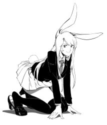 Rule 34 | 1girl, animal ears, blazer, collared shirt, feet, greyscale, high heels, highres, jacket, kneeling, loafers, long hair, long sleeves, looking at viewer, monochrome, necktie, pleated skirt, rabbit ears, rabbit girl, rabbit tail, reisen udongein inaba, ruukii drift, shirt, shoes, sidelocks, simple background, skirt, smile, solo, tail, thighhighs, thighs, tiptoes, touhou, very long hair, white background