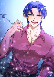 Rule 34 | 1boy, :d, absurdres, adam&#039;s apple, blue hair, cigarette, ear piercing, earrings, highres, holding, holding cigarette, human bug daigaku, jewelry, looking at viewer, male focus, necklace, open mouth, piercing, pink shirt, shirt, short hair, smile, smoking, solo, standing, sumeragi tera (kouzinariagari1)
