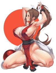 Rule 34 | 1girl, amamiya (abaros), armpits, arms up, bare shoulders, black socks, breasts, brown hair, cleavage, covered erect nipples, fatal fury, hair tie, hand on own head, high ponytail, highres, huge breasts, long hair, ninja, no bra, pelvic curtain, ponytail, revealing clothes, sash, shiranui mai, sideboob, sidelocks, snk, socks, solo, squatting, the king of fighters, thighs, white background