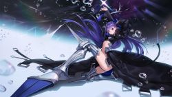 Rule 34 | 1girl, :o, armored boots, arms up, ass, blue eyes, blunt bangs, boots, fate/grand order, fate (series), floating hair, glint, hair ribbon, highres, knee up, long hair, long sleeves, looking at viewer, meltryllis (fate), mhk (mechamania), navel, parted lips, puffy sleeves, purple hair, revealing clothes, ribbon, solo, very long hair, water drop