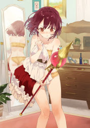 Rule 34 | 1girl, :/, ass, atelier (series), atelier sophie, back, blush, bottle, bra, brown eyes, carpet, chest of drawers, cinderella bust, drawer, dress, unworn dress, dressing, embarrassed, female focus, floating hair, holding, holding clothes, holding staff, indoors, looking at viewer, mirror, noco (adamas), official art, orange bra, orange panties, panties, picture frame, plant, potted plant, red hair, reflection, short hair, solo, sophie neuenmuller, staff, standing, tears, underwear, underwear only