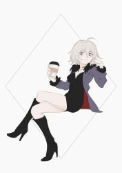Rule 34 | 1girl, absurdres, ahoge, black dress, black footwear, boots, breasts, closed mouth, crossed legs, cup, disposable cup, dress, fate/grand order, fate (series), from side, full body, grey hair, grey jacket, high heel boots, high heels, highres, holding, holding cup, invisible chair, jacket, jeanne d&#039;arc alter (fate), jeanne d&#039;arc alter (ver. shinjuku 1999) (fate), long sleeves, looking at viewer, looking to the side, medium breasts, medium hair, milim nova, open clothes, open jacket, short dress, sitting, solo, two-sided fabric, two-sided jacket, yellow eyes