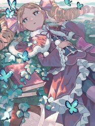 Rule 34 | 1girl, beatrice (re:zero), blonde hair, book, bug, butterfly, capelet, commentary, cross-shaped pupils, day, dress, eyelashes, fur-trimmed capelet, fur trim, grass, green eyes, hair ribbon, hand on own stomach, highres, insect, long hair, lying, on back, open mouth, outdoors, pantyhose, parted bangs, parupin, pink pupils, pink ribbon, re:zero kara hajimeru isekai seikatsu, red capelet, red dress, ribbon, sidelocks, solo, striped clothes, striped pantyhose, symbol-only commentary, symbol-shaped pupils, twintails