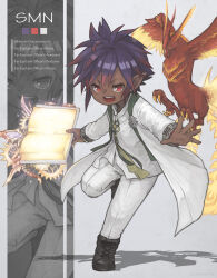 Rule 34 | 1boy, absurdres, balancing, black footwear, book, cross-laced footwear, english text, final fantasy, final fantasy xiv, flat chest, full body, glowing, glowing weapon, grimoire, grin, highres, holding, holding book, jacket, lalafell, long bangs, looking at viewer, multicolored hair, multiple views, open mouth, outstretched arm, pants, phoenix (final fantasy), pointy ears, puluie, purple hair, red eyes, shadow, shirt, short hair, simple background, smile, spiked hair, standing, standing on one leg, streaked hair, summoner (final fantasy), teeth, upper teeth only, warrior of light (ff14), weapon, white jacket, white pants, white shirt