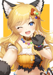 Rule 34 | 1girl, absurdres, animal collar, animal ear fluff, animal ears, bare shoulders, bead bracelet, bead necklace, beads, blonde hair, blue eyes, bow, bracelet, breasts, cat ears, claw pose, collar, commentary request, crop top, fang, fingerless gloves, foreshortening, fur gloves, fur trim, gloves, hair bow, halloween, highres, idolmaster, idolmaster cinderella girls, jewelry, leaning forward, long hair, looking at viewer, medium breasts, midriff, mikapoe, navel, necklace, off-shoulder shirt, off shoulder, ohtsuki yui, one eye closed, open mouth, orange background, pinstripe pattern, pinstripe shirt, selfie, shirt, simple background, smile, solo, star (symbol), striped, swept bangs, torn clothes, upper body, wristband