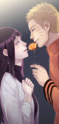 Rule 34 | 1boy, 1girl, black hair, blonde hair, blunt bangs, carnation, closed mouth, couple, eye contact, facial mark, flower, from side, gift, hal (sakurajam), hands on own chest, hetero, holding, holding flower, hyuuga hinata, long hair, long sleeves, looking at another, naruto, naruto (series), own hands together, parted lips, purple eyes, purple hair, smile, turtleneck, uzumaki naruto, whisker markings, whiskers, zipper