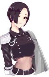 Rule 34 | 1girl, aiguillette, ameya shioichi, belt, black belt, black eyes, black hair, black jacket, bob cut, buttons, cape, collared jacket, commentary request, covered navel, cropped arms, cropped jacket, cropped torso, epaulettes, forehead, grey cape, hair over one eye, happy birthday, highres, idol, jacket, lipstick, long sleeves, looking at viewer, makeup, midriff, parted bangs, parted lips, pink lips, real life, shadow, short hair, simple background, solo, stomach, upper body, white background, yuuki aoi