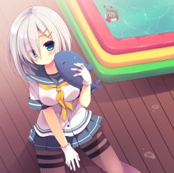 Rule 34 | 10s, 1girl, aqua eyes, blush, breasts, brown pantyhose, gloves, hair ornament, hair over one eye, hairclip, hamakaze (kancolle), izumiyuhina, kantai collection, looking at viewer, medium breasts, pantyhose, rensouhou-chan, school uniform, serafuku, short hair, silver hair, sitting, solo, stuffed animal, stuffed toy, thigh strap, wading pool, whale, white gloves, wooden floor