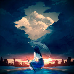 Rule 34 | 1girl, album cover, back, black hair, blue skirt, building, closed umbrella, cloud, cloudy sky, collapsed, cover, flood, from behind, highres, holding, holding umbrella, long hair, long sleeves, original, outdoors, power lines, railroad tracks, rain, ruins, scenery, shirt, shoes, skirt, sky, sky print, sleeves rolled up, solo, squatting, tamagosho, transparent umbrella, umbrella, utility pole, utility pole (object), white shirt