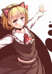 Rule 34 | 1girl, animal ears, blonde hair, ascot, fake animal ears, fang, hair ribbon, highres, kanzakietc, long sleeves, looking at viewer, midriff, outstretched arms, red eyes, ribbon, rumia, short hair, simple background, skirt, skirt set, solo, spread arms, touhou, two-tone background