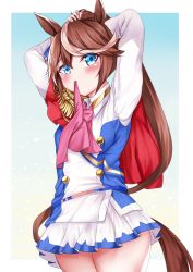 Rule 34 | 1girl, animal ears, arms behind head, arms up, ascot, blue eyes, blush, breasts, brown hair, closed mouth, commentary request, cowboy shot, epaulettes, hair between eyes, high ponytail, highres, horse ears, horse girl, horse tail, jacket, long hair, mouth hold, multicolored hair, pink ascot, pink ribbon, pleated skirt, ponytail, ribbon, ribbon in mouth, setu (shining12), single epaulette, skirt, small breasts, solo, streaked hair, tail, tokai teio (umamusume), tying hair, umamusume, very long hair, white jacket, white skirt