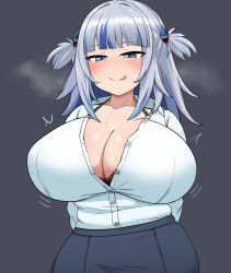 1girl alternate_breast_size black_bra blue_eyes blue_hair blunt_bangs blush bra breasts cleavage collarbone gawr_gura grey_background highres hololive hololive_english holomyth huge_breasts lace licking_lips long_hair naughty_face shark_girl shirt shirt_tucked_in skirt solo sweat to_pete tongue tongue_out unbuttoned unbuttoned_shirt underwear virtual_youtuber white_shirt