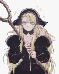 Rule 34 | 1girl, absurdres, bare shoulders, black dress, black hood, blonde hair, crying, crying with eyes open, detached hood, dress, dungeon meshi, ear covers, green eyes, highres, holding, holding staff, hood, jjim, long hair, looking at viewer, marcille donato, marcille donato (lord), simple background, solo, spoilers, staff, tears, upper body
