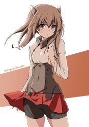Rule 34 | 1girl, bike shorts, blouse, brown background, brown eyes, brown hair, commentary request, corset, covered navel, cowboy shot, flat chest, hair between eyes, headband, headgear, highres, kantai collection, looking at viewer, panikuru yuuto, red skirt, shirt, short hair with long locks, short shorts, shorts, shorts under skirt, skirt, solo, taihou (kancolle), two-tone background, white background, white shirt