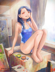 Rule 34 | 1girl, barefoot, black hair, blue one-piece swimsuit, blush, brown eyes, ear piercing, feet, female focus, flat chest, hair ornament, ijiranaide nagatoro-san, looking at viewer, md5 mismatch, nagatoro hayase, one-piece swimsuit, piercing, red eyes, school swimsuit, smile, solo, swimsuit, toes, yugen99