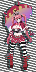 Rule 34 | 1girl, belt, black eyes, boots, bow, breasts, capelet, cleavage, cross, crown, drill hair, female focus, highres, huge breasts, long hair, long image, navel, one piece, pantyhose, perona, pink hair, red footwear, shoes, short cape, skirt, smile, solo, striped background, striped clothes, striped thighhighs, tall image, thighhighs, twintails, umbrella, umi no tarako, very long hair, zettai ryouiki