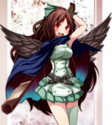 Rule 34 | 1girl, alternate costume, arm up, bad id, bad pixiv id, belt, black wings, bow, brown hair, cape, gloves, green thighhighs, hair bow, highres, long hair, looking at viewer, open mouth, pleated skirt, pouch, red eyes, reiuji utsuho, single thighhigh, skirt, sleeveless, smile, solo, thighhighs, touhou, tsukishiro saika, wings