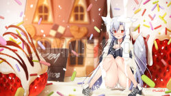 Rule 34 | 1girl, animal ears, bad id, bad pixiv id, black footwear, blurry, blurry background, blush, commentary request, commission, cream, depth of field, food, fox ears, fox girl, fox tail, frilled panties, frills, fruit, hair between eyes, house, knees together feet apart, long hair, long sleeves, looking at viewer, macchiato (jae-min cho), original, panties, parted lips, red eyes, ribbon-trimmed sleeves, ribbon trim, shoes, silver hair, sitting, solo, sprinkles, strawberry, tail, tail raised, twitter username, underwear, very long hair, watermark, white panties, window