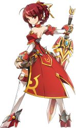 Rule 34 | 1girl, armor, armored dress, boots, braid, bridal gauntlets, detached sleeves, elesis (elsword), elsword, full body, looking back, official art, red eyes, red hair, ress, saber knight (elsword), short hair, skirt, smile, solo, sword, thigh boots, thighhighs, weapon, white background