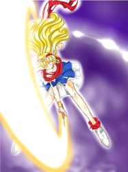 Rule 34 | 1990s (style), 1girl, akazukin chacha, attack, blonde hair, blue dress, blush, bracelet, brooch, collar, dress, earrings, jewelry, long hair, magical princess, retro artstyle, short dress, short sleeves, simple background, sword, tagme, weapon, white footwear, winged hair ornament