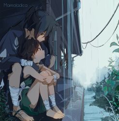 Rule 34 | 1boy, 1girl, androgynous, artist name, bandages, barefoot, black hair, building, child, closed mouth, commentary, dororo (character), dororo (tezuka), drainpipe, english commentary, hands on another&#039;s shoulders, highres, hugging own legs, hyakkimaru (dororo), japanese clothes, kimono, long hair, marmaladica, outdoors, ponytail, power lines, rain, red eyes, sitting