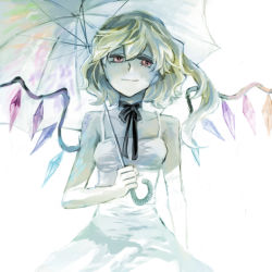 Rule 34 | 1girl, alternate costume, arm at side, asymmetrical wings, bare shoulders, blonde hair, collarbone, cowboy shot, crystal, dress, flandre scarlet, hair between eyes, half-closed eyes, holding, holding umbrella, jitome, light smile, looking at viewer, no headwear, no headwear, noshitaroh, red eyes, short hair, side ponytail, solo focus, touhou, umbrella, wavy hair, white background, white dress, wings