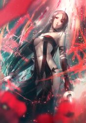 Rule 34 | 1girl, arm strap, bare shoulders, black dress, black gloves, blurry, blurry foreground, breasts, brown hair, center opening, choker, collarbone, depth of field, dress, dual wielding, earrings, elbow gloves, fate/grand order, fate (series), floating hair, glint, gloves, highres, holding, holding sword, holding weapon, jewelry, light particles, light rays, long hair, looking at viewer, medium breasts, multiple earrings, navel, nina (ninageya), petals, red eyes, revealing clothes, sidelocks, solo, strapless, strapless dress, sword, very long hair, weapon, wind, yu mei-ren (fate)