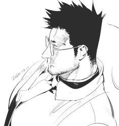 Rule 34 | 1boy, bara, bespectacled, boku no hero academia, car interior, dated, endeavor (boku no hero academia), facial hair, from above, fukurau, glasses, greyscale, large pectorals, looking to the side, male focus, mature male, monochrome, muscular, muscular male, necktie, pectorals, short hair, sideburns, sketch, solo, spiked hair, stubble, upper body
