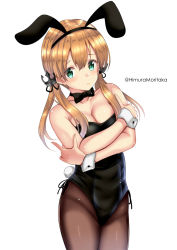 Rule 34 | 1girl, absurdres, alternate costume, anchor hair ornament, animal ears, aqua eyes, black leotard, blonde hair, bow, bowtie, breasts, brown pantyhose, collarbone, covered navel, cowboy shot, crossed arms, detached collar, embarrassed, fake animal ears, fake tail, hair ornament, highres, himura moritaka, kantai collection, leotard, long hair, medium breasts, pantyhose, playboy bunny, prinz eugen (kancolle), rabbit ears, rabbit tail, simple background, solo, strapless, strapless leotard, tail, traditional bowtie, twintails, twitter username, white background, wrist cuffs