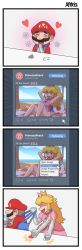 Rule 34 | 4koma, anger vein, ayyk92, beach, blonde hair, bongo cat, brown hair, comic, commentary, crown, cursor, earrings, english text, facial hair, flower, gloves, heart, highres, jewelry, mario, mario (series), meme, mustache, nervous, nintendo, one-piece swimsuit, overalls, plumber, princess peach, sweat, nervous sweating, swimsuit, toad (mario), truth, twitter, white gloves