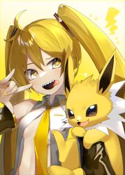 Rule 34 | 1girl, absurdres, ahoge, blonde hair, breasts, commentary request, creatures (company), crossover, detached sleeves, game freak, gen 1 pokemon, hatsune miku, highres, jolteon, long hair, looking to the side, nail polish, navel, necktie, nintendo, open mouth, pokemon, pokemon (creature), pokemon on arm, reirou (chokoonnpu), sharp teeth, smile, star (symbol), teeth, tongue, tongue out, twintails, upper body, vocaloid, yellow eyes, yellow nails, yellow neckwear