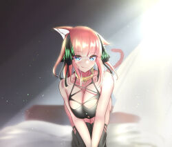 Rule 34 | 1girl, animal ears, bare shoulders, bed, black shirt, black thighhighs, blue eyes, breasts, butterfly hair ornament, cat ears, cat girl, cleavage, closed mouth, collar, go-toubun no hanayome, hair ornament, halterneck, highres, indoors, kneeling, large breasts, looking at viewer, medium hair, nakano nino, on bed, own hands together, pink hair, shiroha, shirt, solo, tail, thighhighs, torn clothes, torn shirt, torn thighhighs