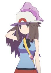 Rule 34 | 1girl, agata (agatha), bad id, bad twitter id, bag, bare arms, blush, breasts, brown eyes, brown hair, closed eyes, closed mouth, creatures (company), ditto, expressionless, game freak, gen 1 pokemon, half-closed eyes, hat, leaf (pokemon), long hair, looking to the side, nintendo, on head, open mouth, pokemon, pokemon (creature), pokemon frlg, pokemon on head, red skirt, shirt, simple background, skirt, sleeveless, sleeveless shirt, sun hat, wavy mouth, white background