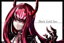 Rule 34 | 10s, 1girl, bad id, bad pixiv id, black gold saw, black rock shooter, character name, claws, horns, jacket, karisuwaya, long hair, looking at viewer, portrait, red hair, solo