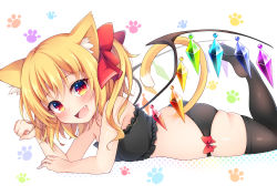 Rule 34 | 1girl, :d, absurdres, animal ear fluff, animal ears, ass, bandeau, bare arms, bare shoulders, black panties, black thighhighs, blonde hair, blush, bow, bra, cat ears, cat tail, commentary request, crystal, fang, flandre scarlet, frilled bra, frills, hair between eyes, hair bow, hand up, highres, kemonomimi mode, looking at viewer, lying, miy@, no headwear, no shoes, on stomach, one side up, open mouth, panties, paw pose, paw print, red bow, red eyes, short hair, simple background, skindentation, smile, solo, strapless, strapless bra, tail, thighhighs, thighs, touhou, tube top, underwear, white background, wings